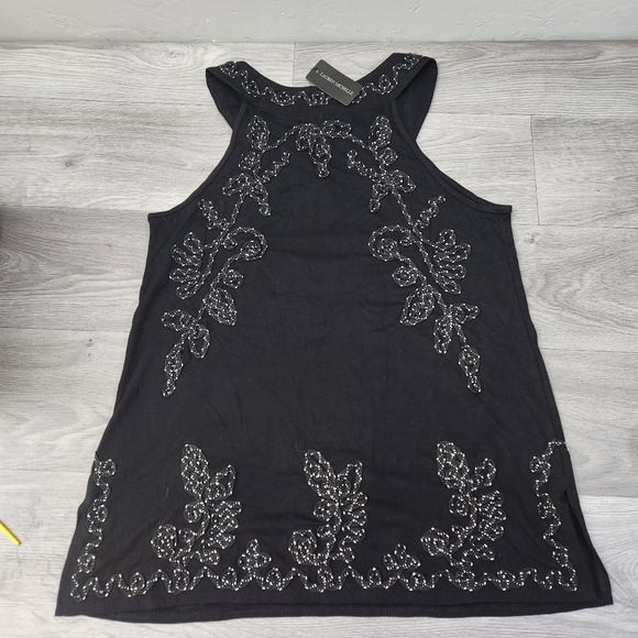 Lauren Michelle Black Top Size L‎ Embroidered Floral Swirl Keyhole Boat Neckline - Picture 13 of 13